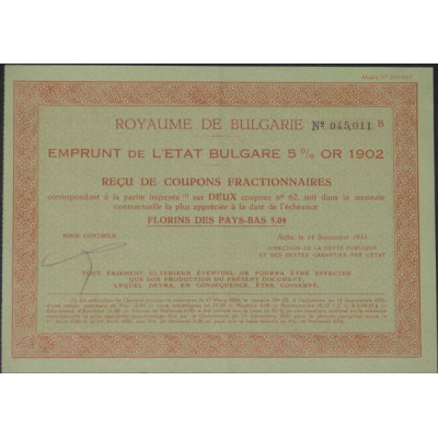 Emprunt de l'Etat Bulgare 5 % Or 1902 (rouge) (reçu)