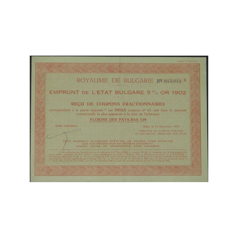 Emprunt de l'Etat Bulgare 5 % Or 1902 (rouge) (reçu)