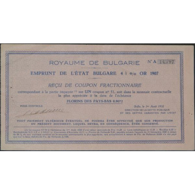 Emprunt de l'Etat Bulgare 4.5 % Or 1907 (rose) (reçu)