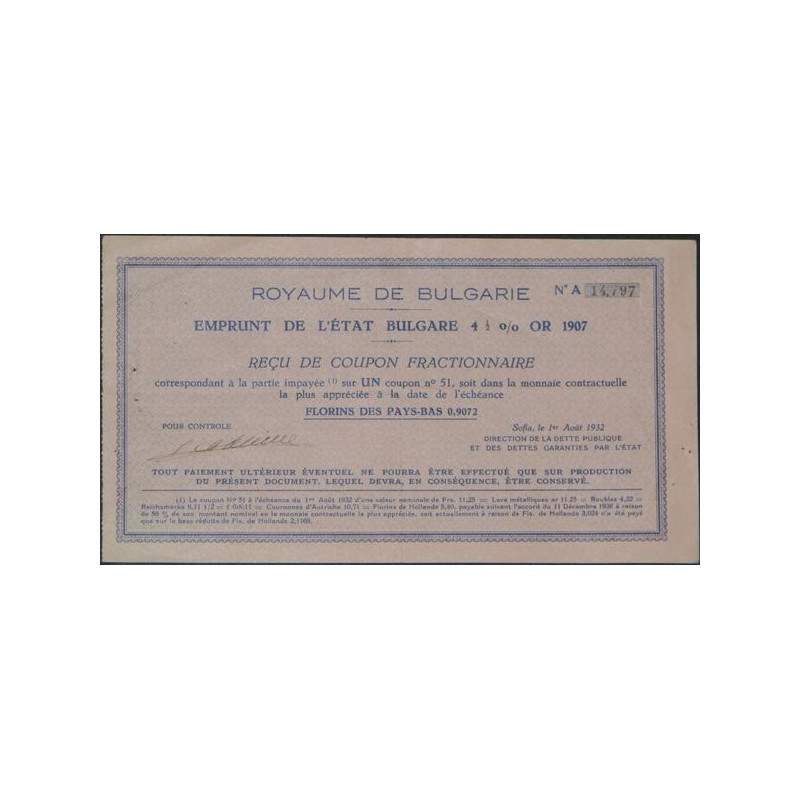 Emprunt de l'Etat Bulgare 4.5 % Or 1907 (rose) (reçu)