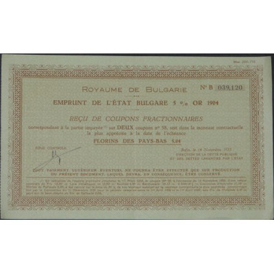 Emprunt de l'Etat Bulgare 5 % Or 1904 (reçu)