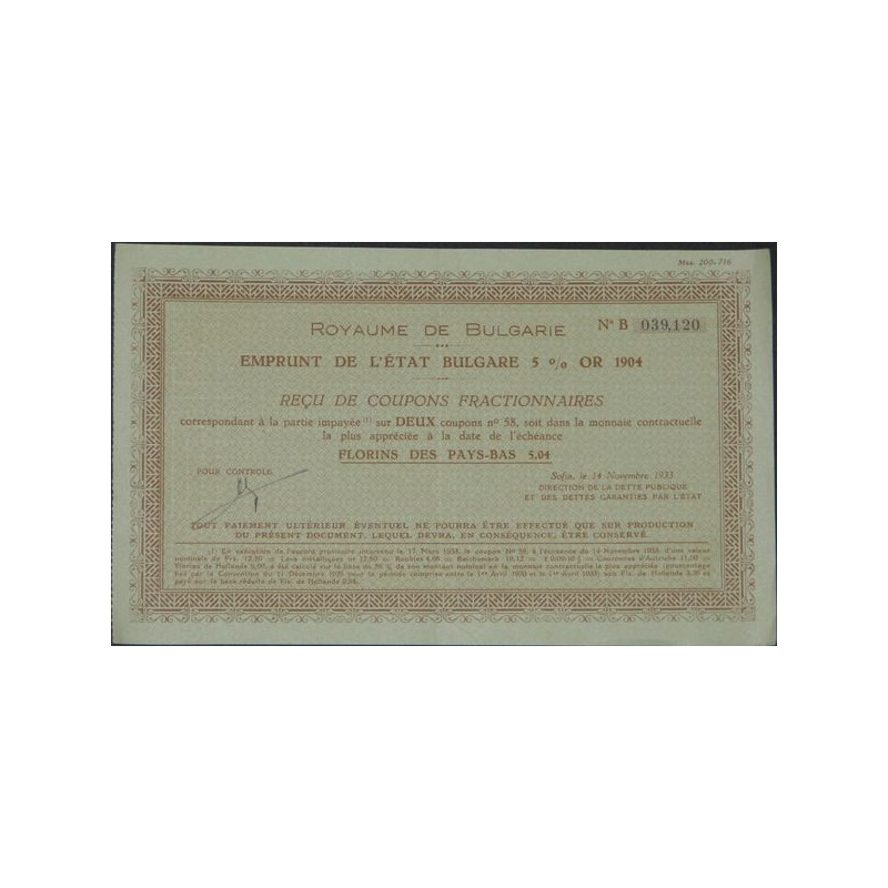 Emprunt de l'Etat Bulgare 5 % Or 1904 (reçu)