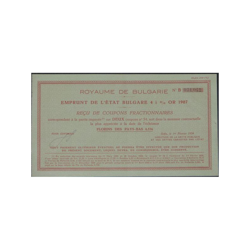 Emprunt de l'Etat Bulgare 4.5 % Or 1907 (vert) (reçu)