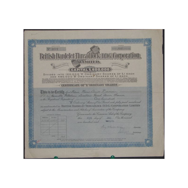 British Dardelet Threadlog (D.D.G.) Corp. Ltd (Certif of B 100 Ordyn. Shares)