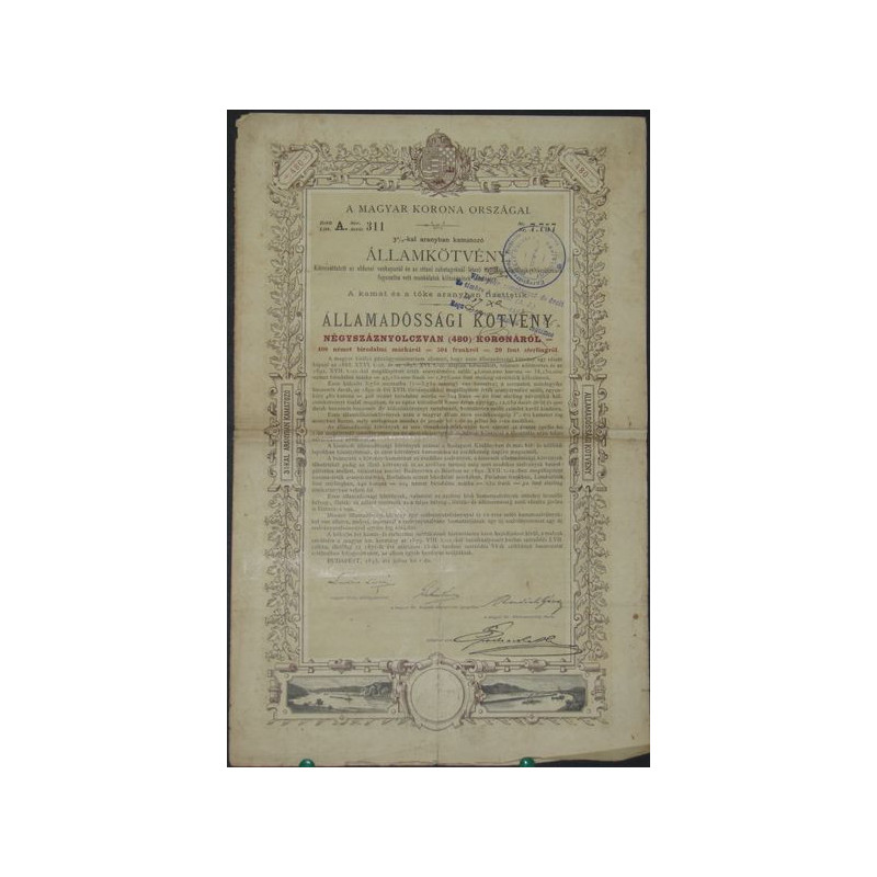 Royaume de Hongrie - Obligation d'Etat en Or 3% (480 Cr)