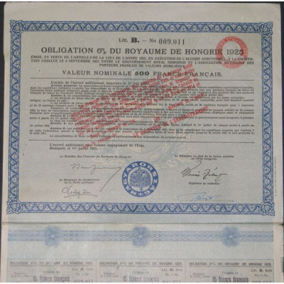 Obligation 6 % du Royaume de Hongrie 1925 (Litt.B 500 FF)