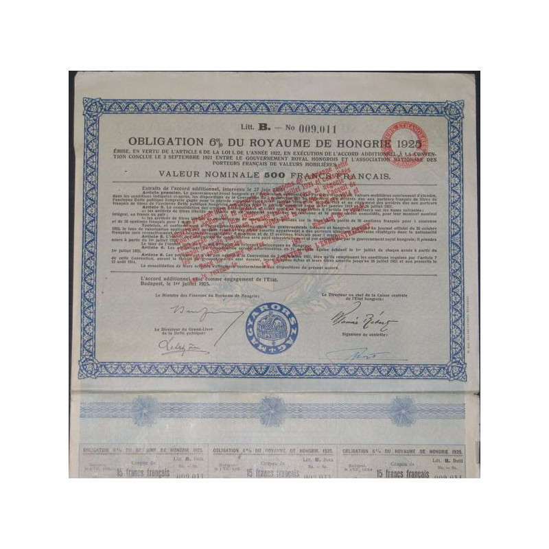 Obligation 6 % du Royaume de Hongrie 1925 (Litt.B 500 FF)