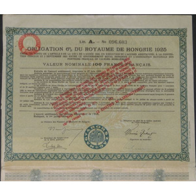 Obligation 6 % du Royaume de Hongrie 1925 (Litt.A 100 FF)