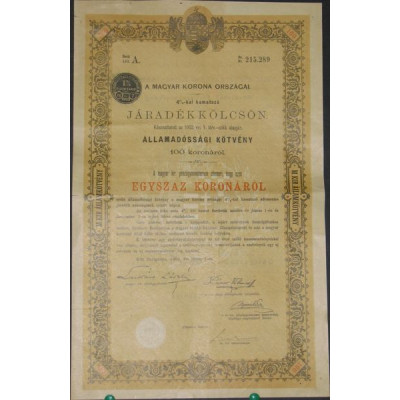 Royaume de hongrie - Emprunt en Rentes 4 % 1902 (100 Cr)