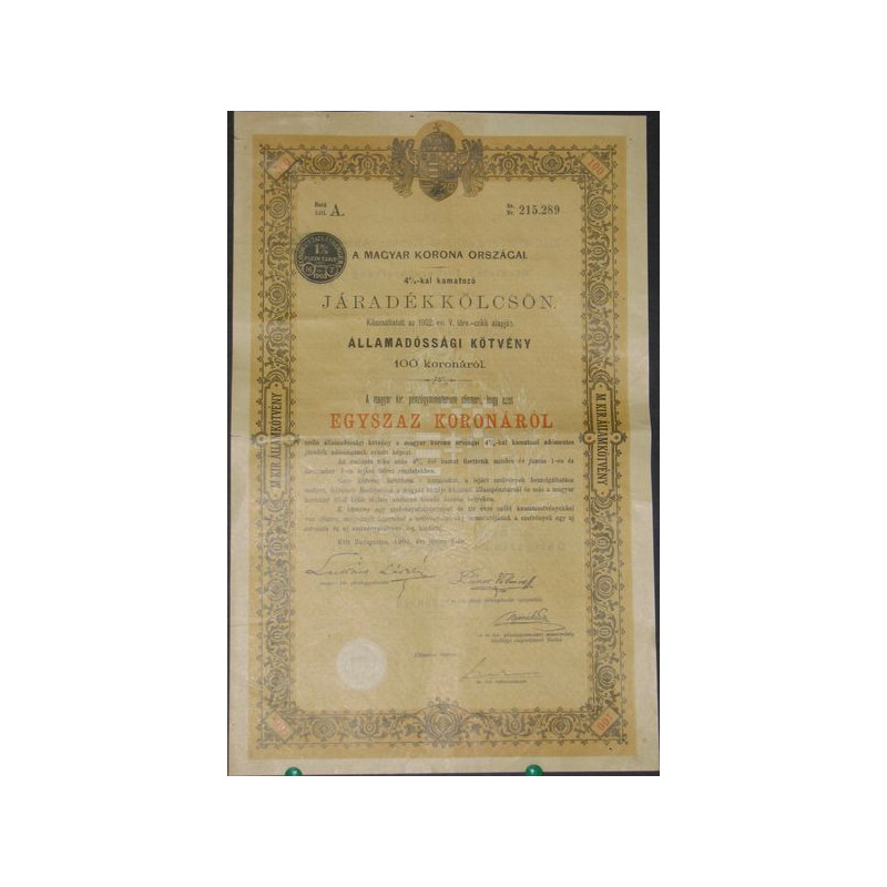 Royaume de hongrie - Emprunt en Rentes 4 % 1902 (100 Cr)
