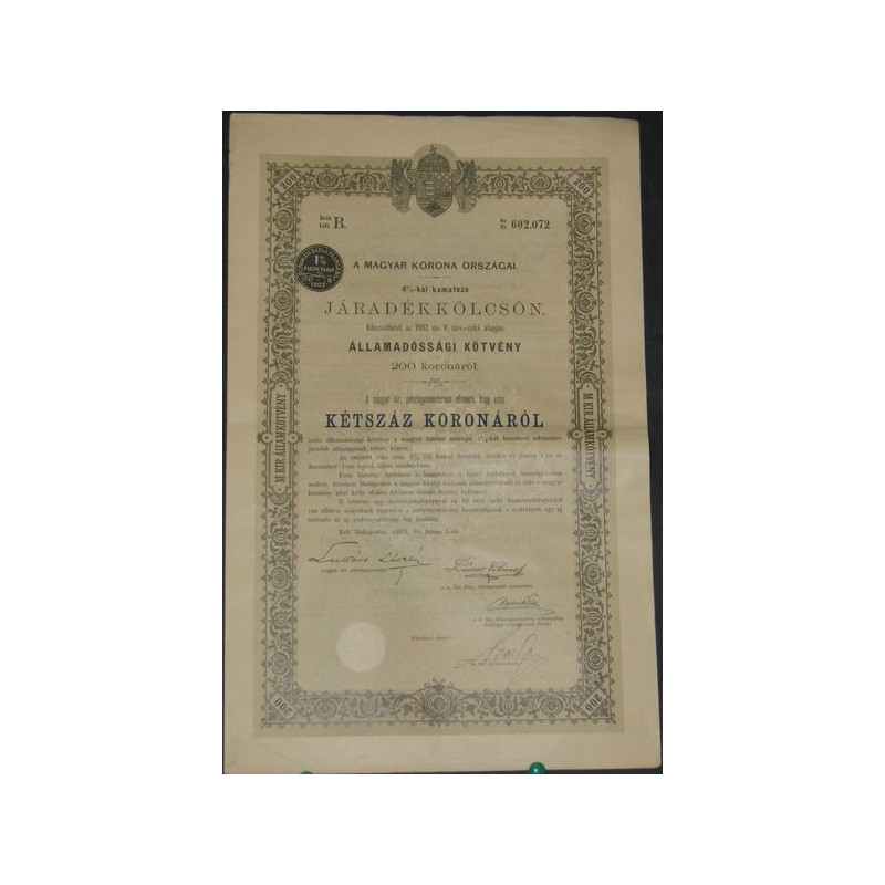 Royaume de hongrie - Emprunt en Rentes 4 % 1902 (200 Cr)