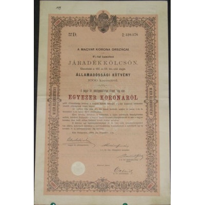 Royaume de hongrie - Emprunt en Rentes 4 % 1892 (1000 Cr)