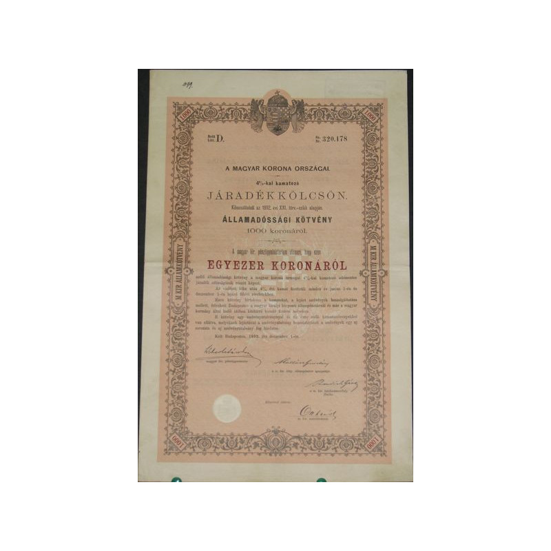 Royaume de hongrie - Emprunt en Rentes 4 % 1892 (1000 Cr)