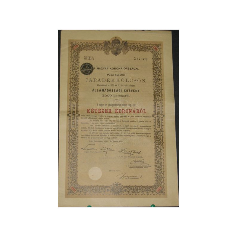 Royaume de hongrie - Emprunt en Rentes 4 % 1902 (2000 Cr)
