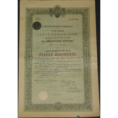 Royaume de hongrie - Emprunt en Rentes 4 % 1902 (500 Cr)