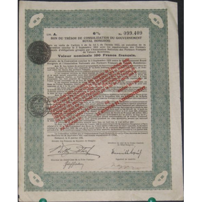 Bon du Trésor de Consolidation du Gvt Royal Hongrois 6 % (100 FF)