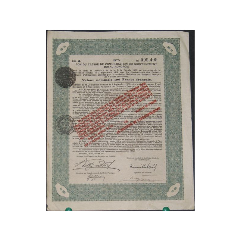Bon du Trésor de Consolidation du Gvt Royal Hongrois 6 % (100 FF)