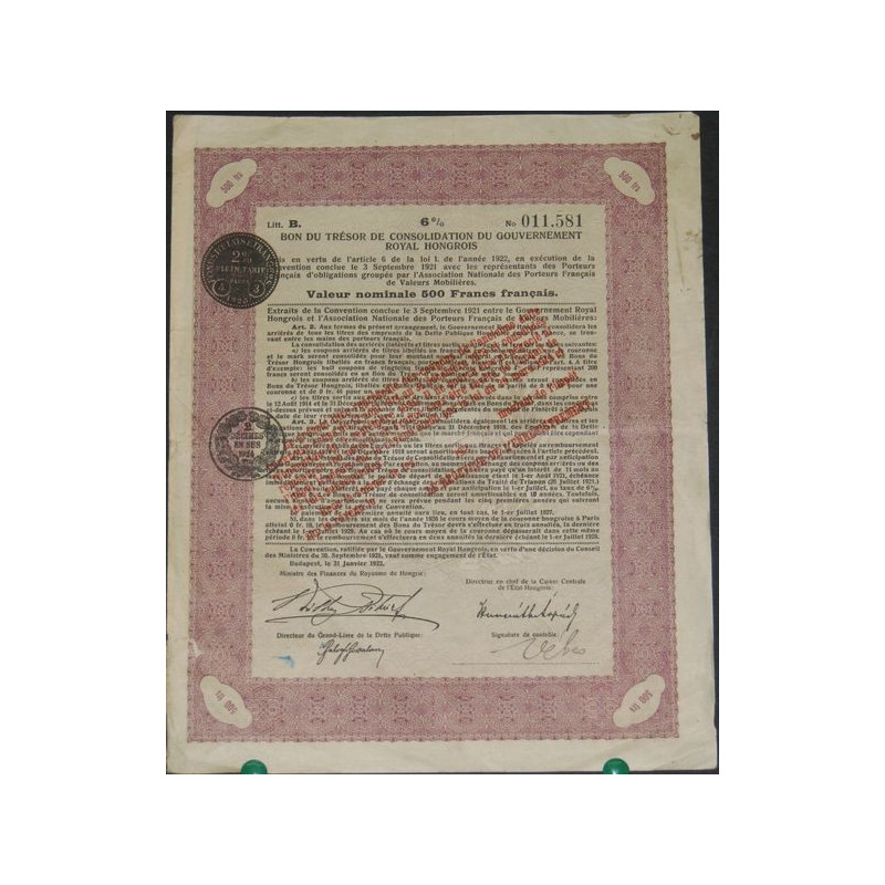 Bon du Trésor de Consolidation du Gvt Royal Hongrois 6 % (500 FF)