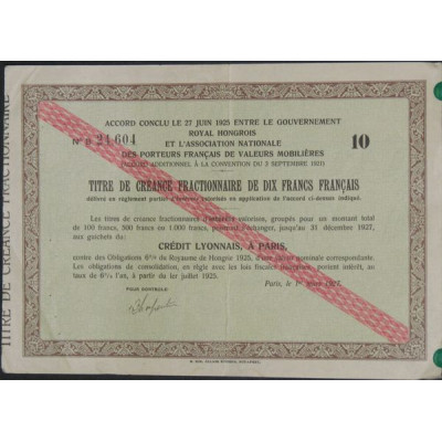 Titre de créance fractionnaire de 10 F