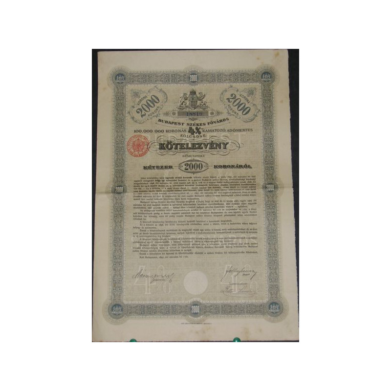 Ville Capitale de Budapest - Emprunt 4 % (2000 Cr)