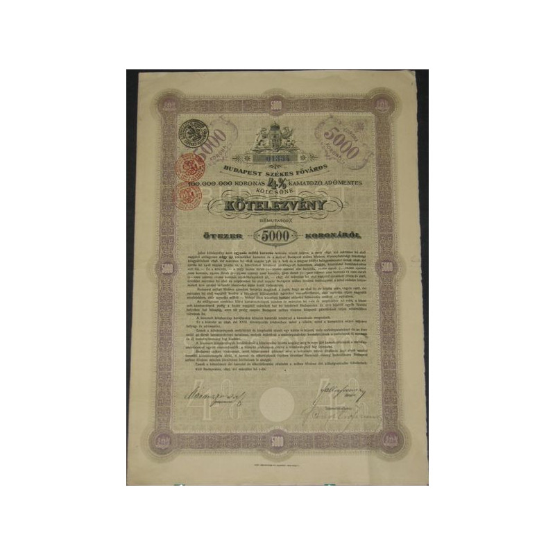 Ville Capitale de Budapest - Emprunt 4 % (5000 Cr)