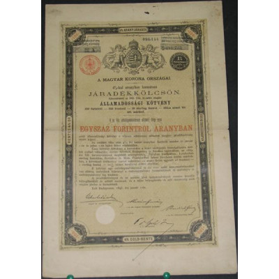 Emprunt 4 % du Royaume de Hongrie payable en Or (100 forintos)