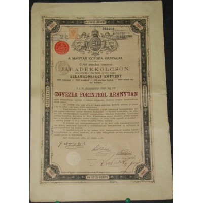 Emprunt 4 % du Royaume de Hongrie payable en Or (1000 forintos)