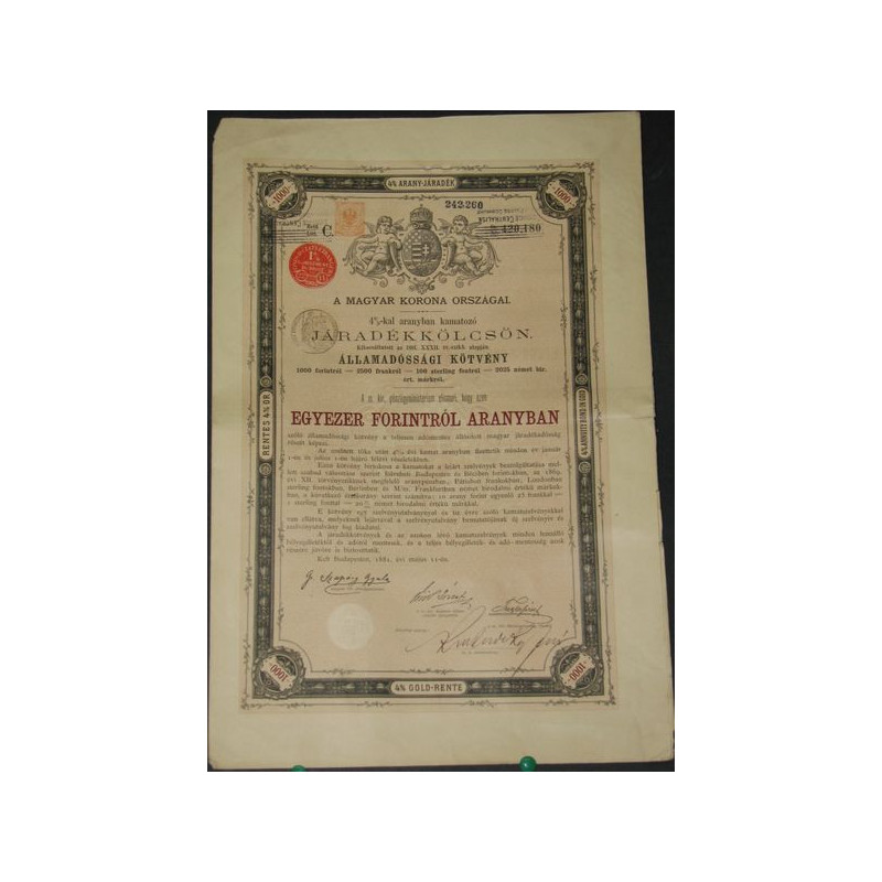 Emprunt 4 % du Royaume de Hongrie payable en Or (1000 forintos)