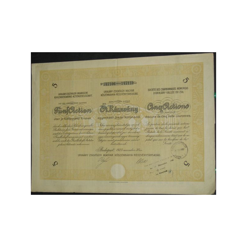 Sté des Charbonnages Hongrois d'Urikany - Vallée du Zsil (5 Act)