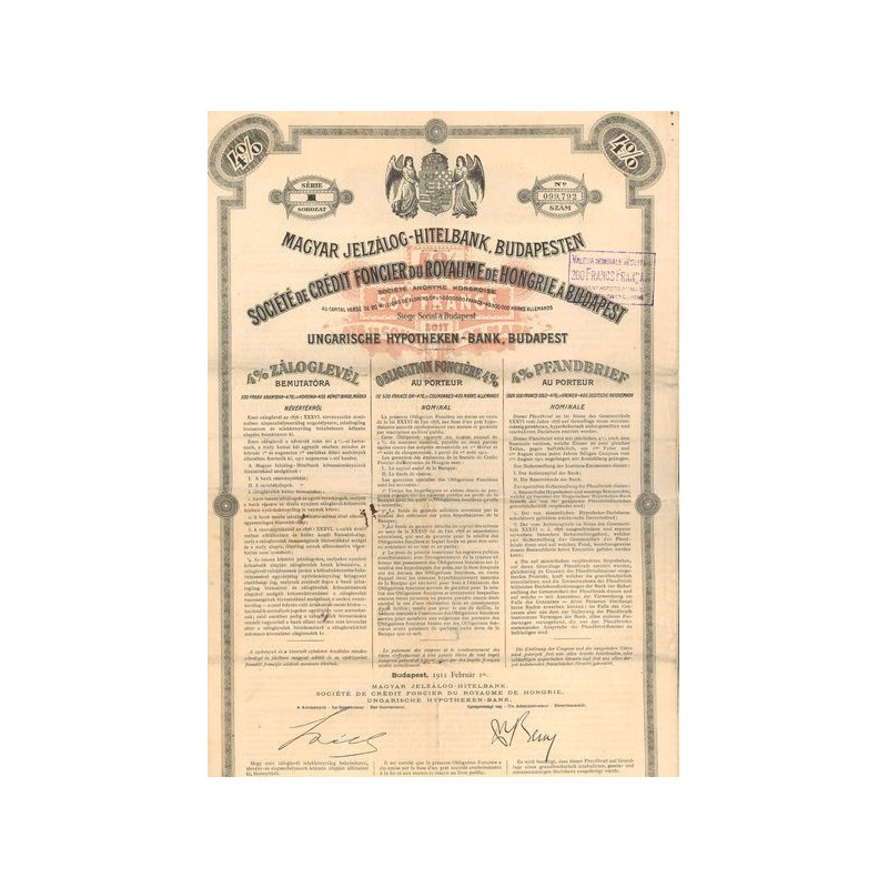 Sté de Crédit Foncier du Royaume de Hongrie à Budapest (Obl Foncière 4 % 500 F)