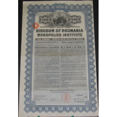 Kingdom of Romania - Monopolies Institute - Stabilisation and Development Loan of 1929