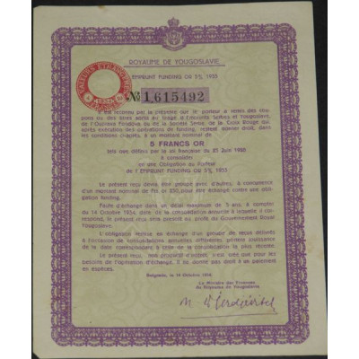 Royaume de Yougoslavie - Emprunt Funding Or 5 % 1933 (5 F Or)