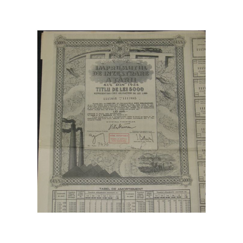Imprumutul de Inzestrare a Tarii 4 1/2 % din 1934 (5000 Lei)