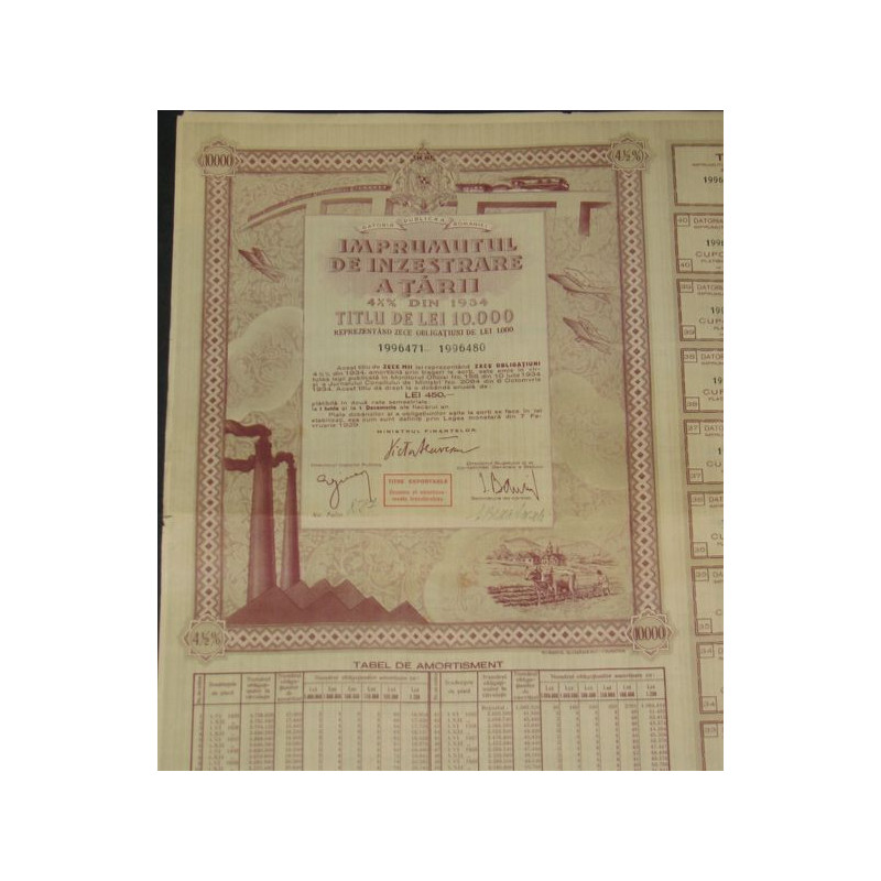 Imprumutul de Inzestrare a Tarii 4 1/2 % din 1934 (10000 Lei)