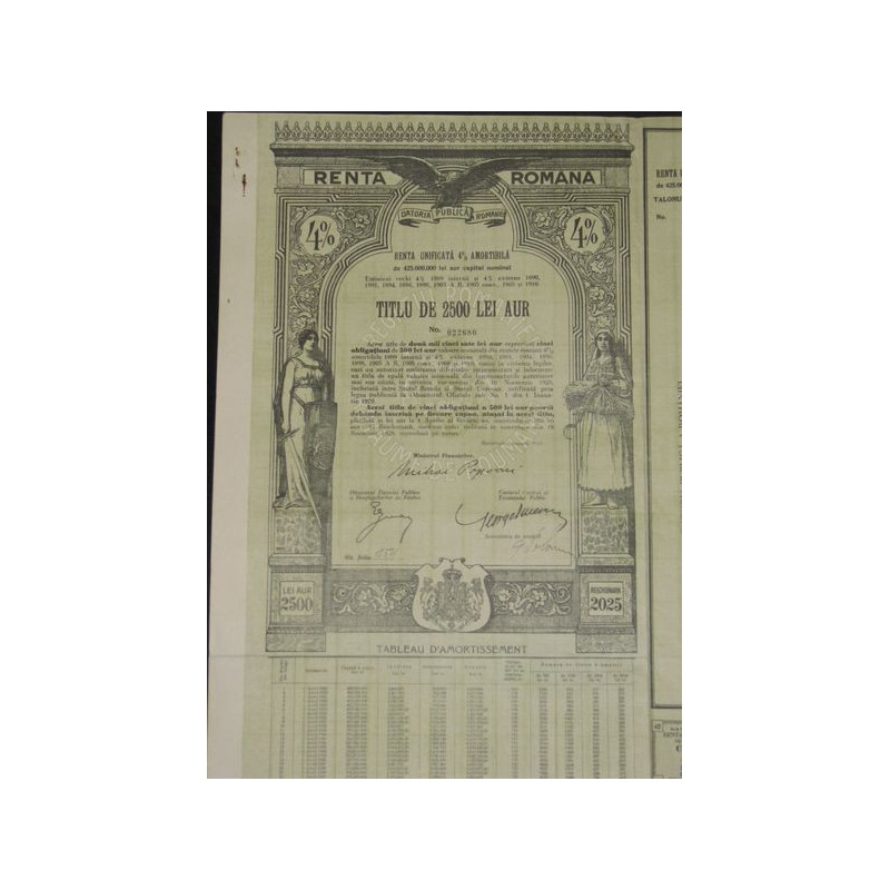 Datoria Publica a Romaniei - Renta Unificata 4 % Amortibila (2500 Lei Aur)