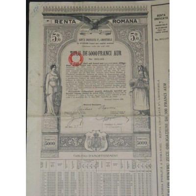Datoria Publica a Romaniei - Renta Unificata 5 % Amortibila (5000 Franci Aur)
