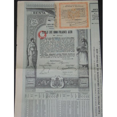 Datoria Publica a Romaniei - Renta Unificata 4 % Amortibila (1000 Franci Aur)