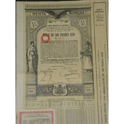 Datoria Publica a Romaniei - Renta Unificata 4 % Amortibila (500 Franci Aur)