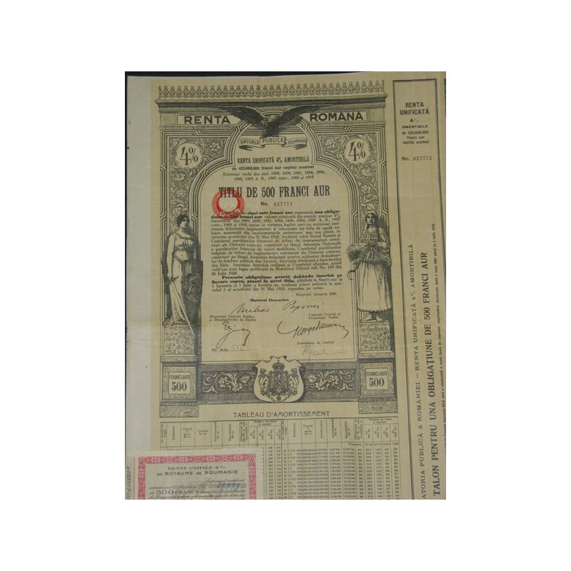 Datoria Publica a Romaniei - Renta Unificata 4 % Amortibila (500 Franci Aur)