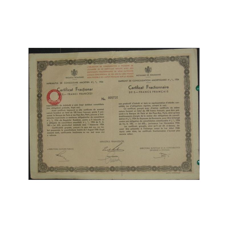 Royaume de Roumanie - Emprunt de Consolidation amortissable 4 1/2 % 1934 (5 F)