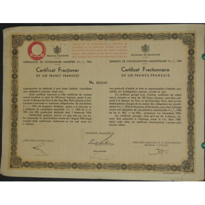 Royaume de Roumanie - Emprunt de Consolidation amortissable 4 1/2 % 1934 (2.5 F)