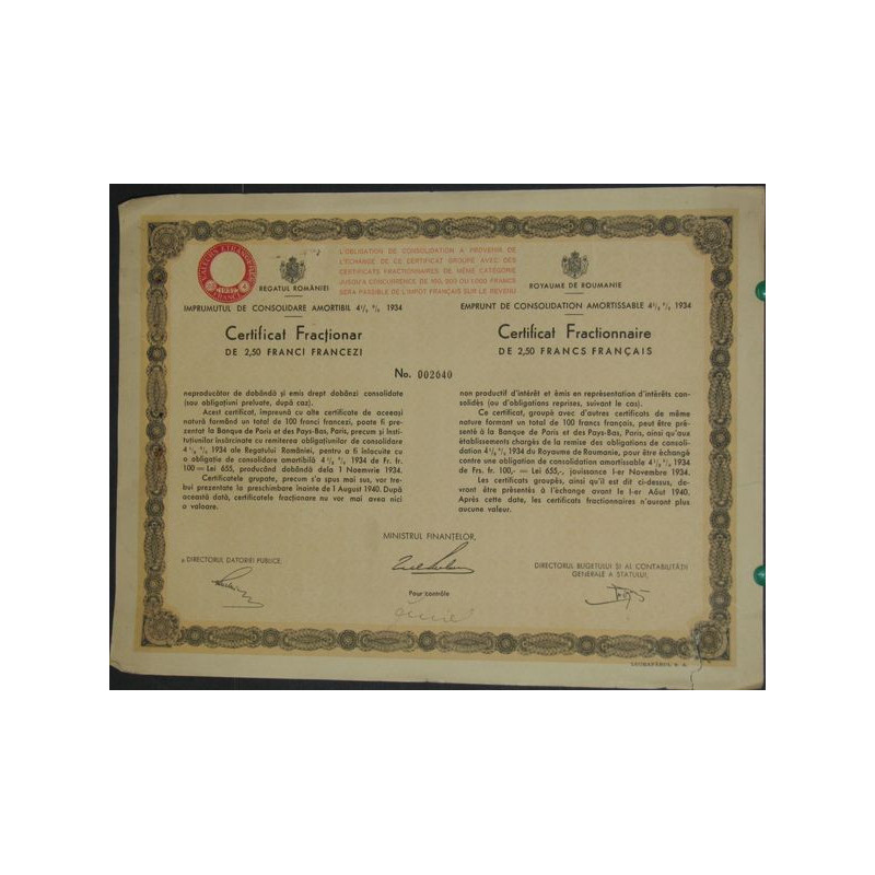 Royaume de Roumanie - Emprunt de Consolidation amortissable 4 1/2 % 1934 (2.5 F)