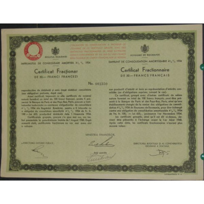 Royaume de Roumanie - Emprunt de Consolidation amortissable 4 1/2 % 1934 (50 F)