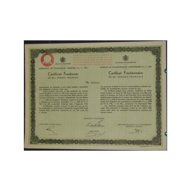 Royaume de Roumanie - Emprunt de Consolidation amortissable 4 1/2 % 1934 (50 F)