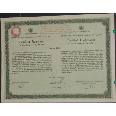 Royaume de Roumanie - Emprunt de Consolidation amortissable 4 1/2 % 1934 (20 F)
