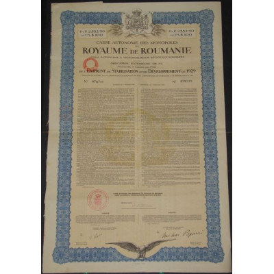 Caisse Autonome des Monopoles du Royaume de Roumanie - Emprunt de Stabilisation et de Développement de 1929