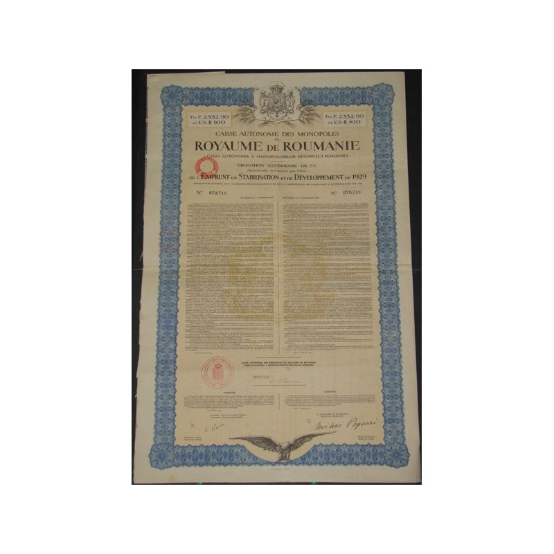 Caisse Autonome des Monopoles du Royaume de Roumanie - Emprunt de Stabilisation et de Développement de 1929