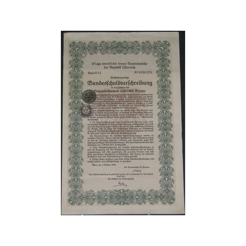 Bundesfchulbberhchreibung 6%ige amortisable innere Bundesanleihe der Républik Osterreich