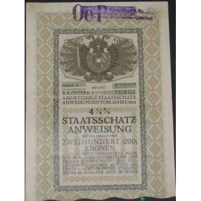 K.K. Osterr 4 1/2 % Steuerfreie Amortisable Staatschatz-anweisungen 1914