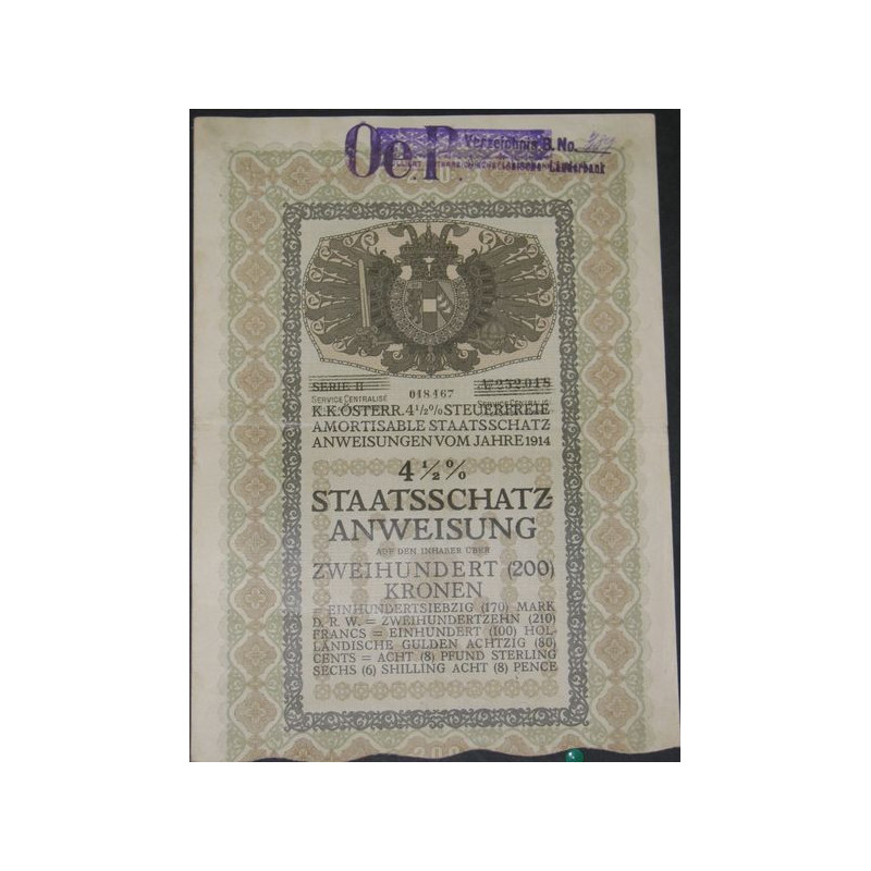 K.K. Osterr 4 1/2 % Steuerfreie Amortisable Staatschatz-anweisungen 1914